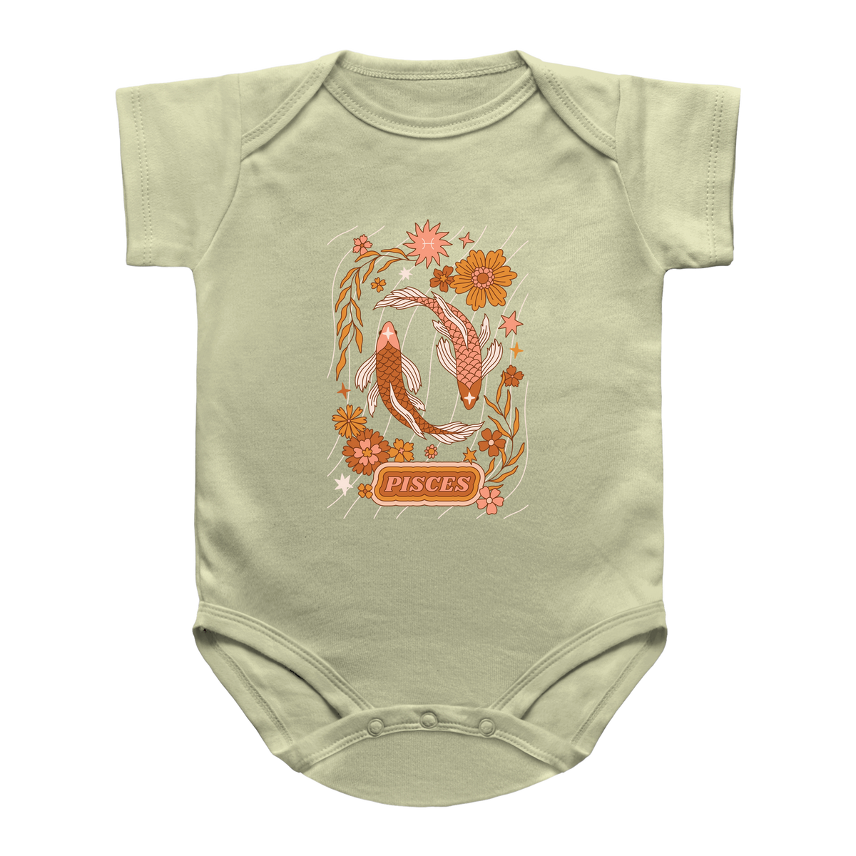 A pale sage green short-sleeve baby bodysuit featuring a Pisces zodiac graphic on the chest with two koi fish, flowers, and the word &