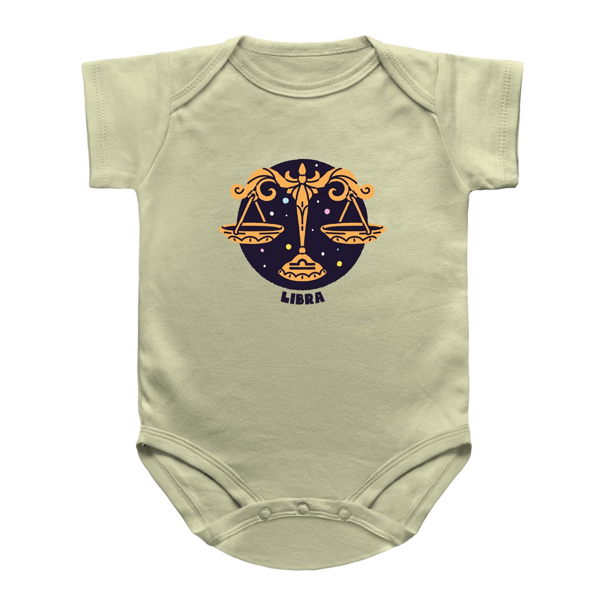 A pale sage green baby bodysuit featuring a Libra zodiac sign graphic on the chest, displayed against a solid white background.
