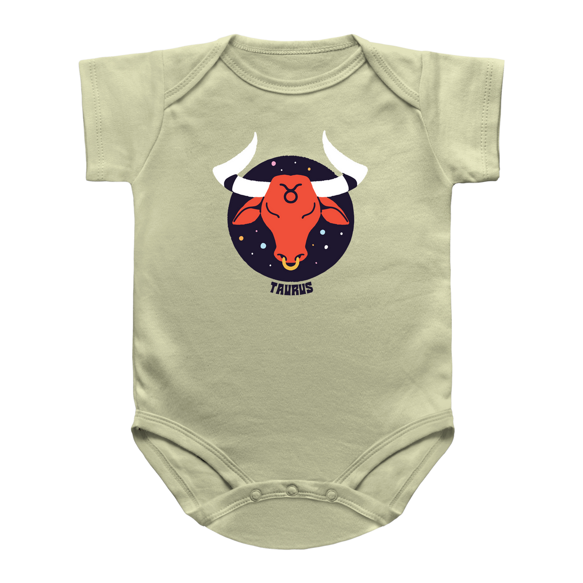 A light sage green baby onesie featuring a circular graphic of a red Taurus bull head with white horns on a dark blue starry background, with the word &