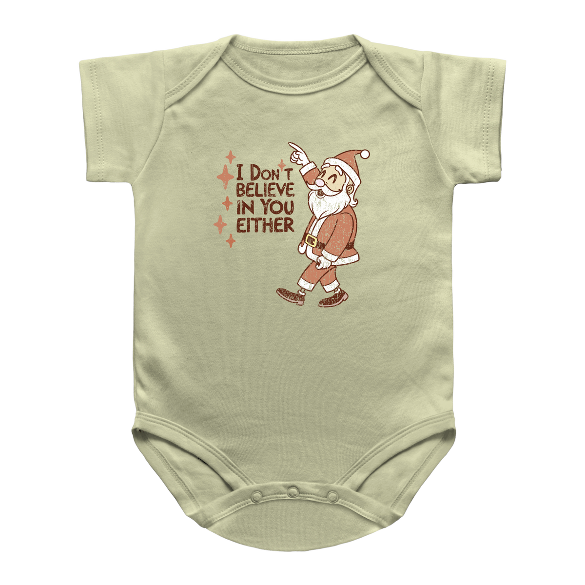 A light sage green baby bodysuit featuring a graphic of a Santa Claus pointing upwards next to the text &