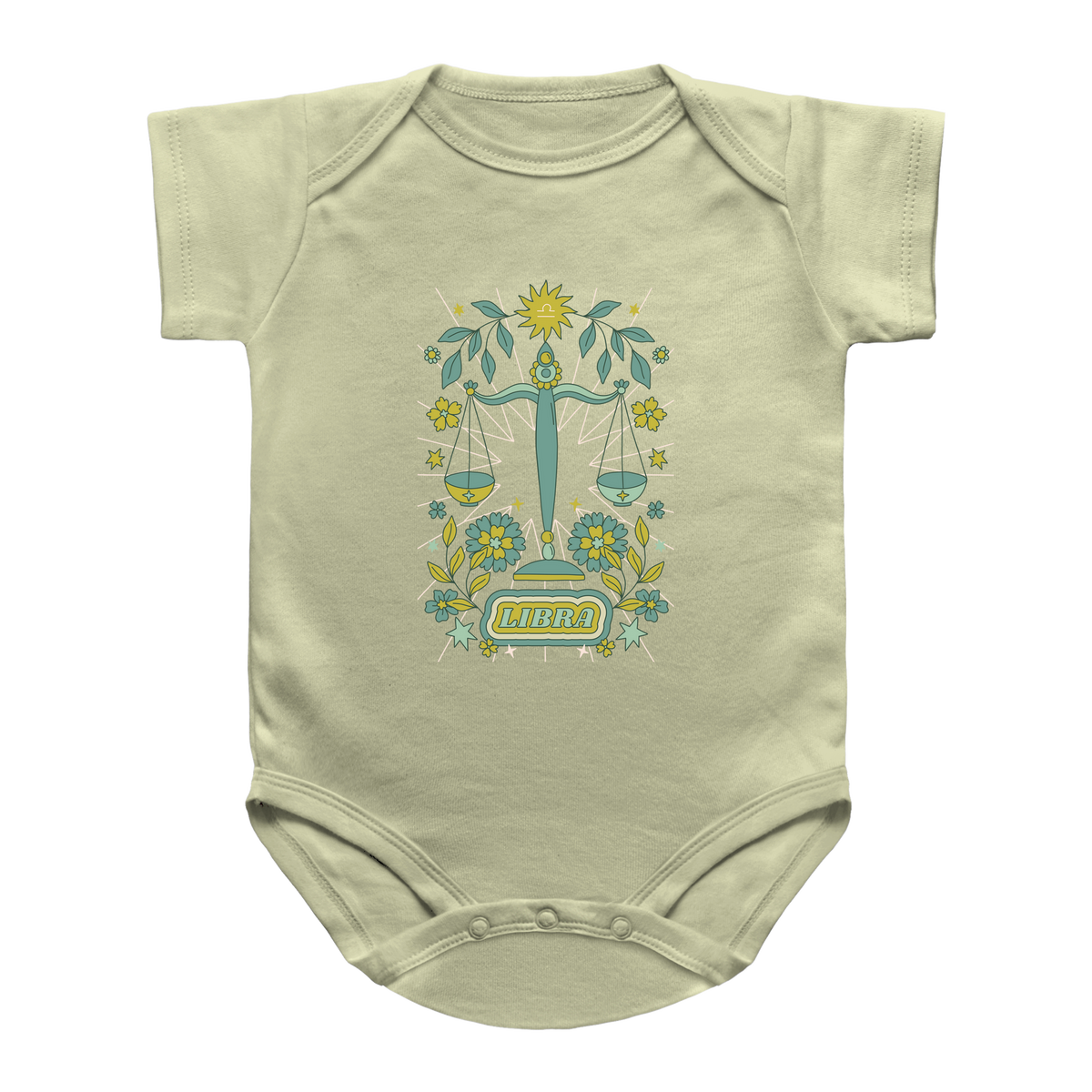 A light yellow infant onesie featuring a central graphic of a green scale of justice Libra surrounded by yellow flowers and green leaves, with the word &