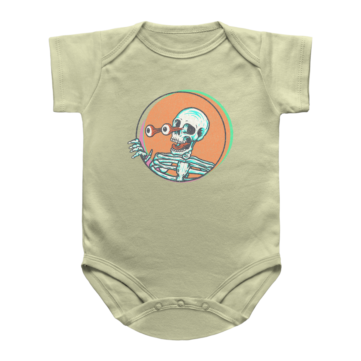 A sage short-sleeve baby onesie featuring a Halloween skeleton graphic.