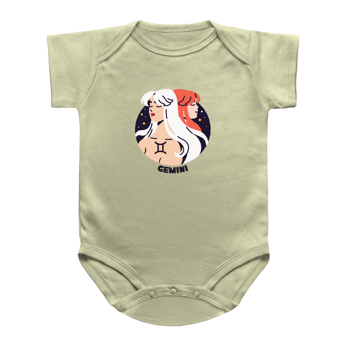 A light sage green baby bodysuit featuring a central graphic of two Gemini zodiac signs in profile, one with white hair and one with red hair, set against a dark starry circle with the word &
