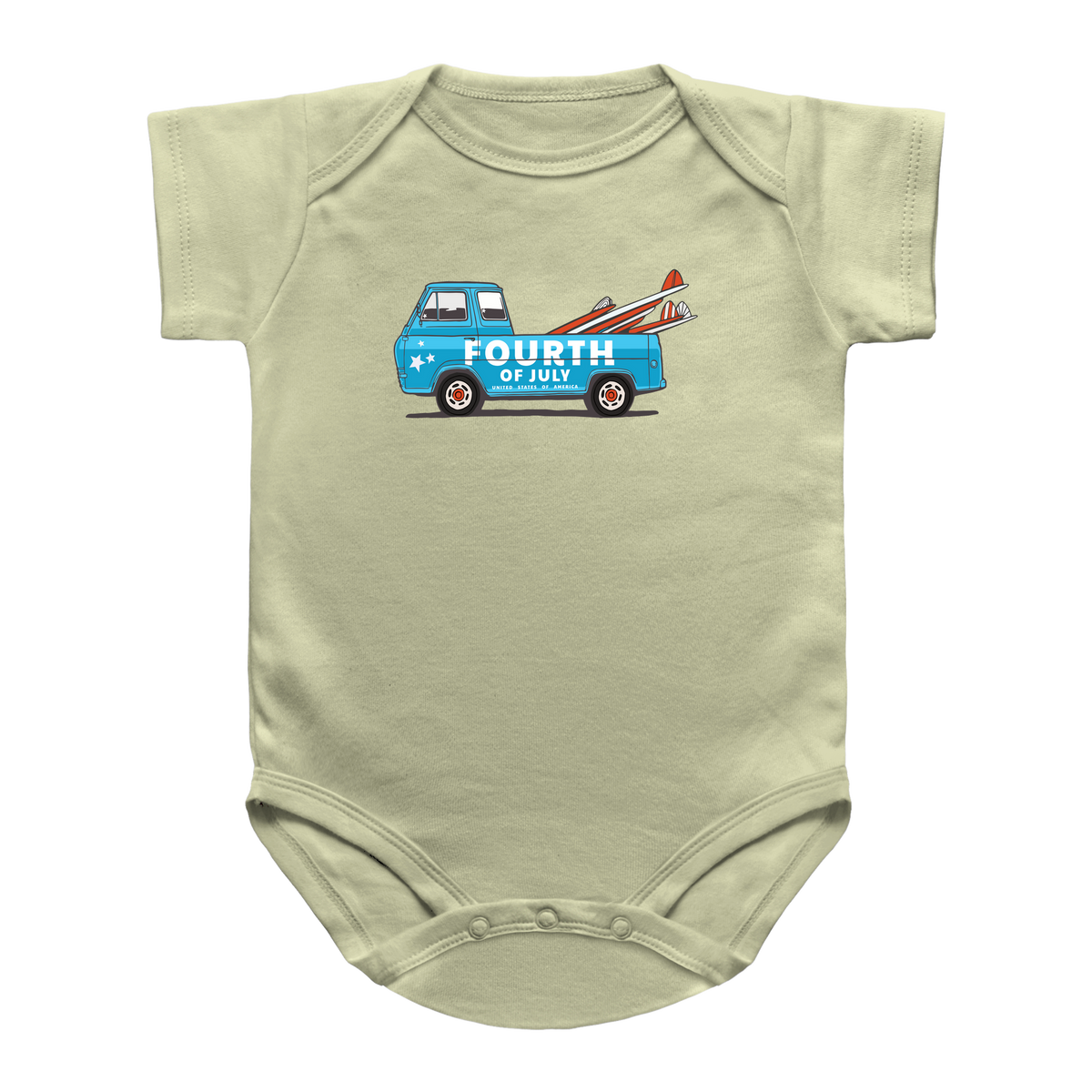 A light yellow short-sleeve baby onesie featuring a graphic of a blue surf truck carrying red and white surfboards with the text &