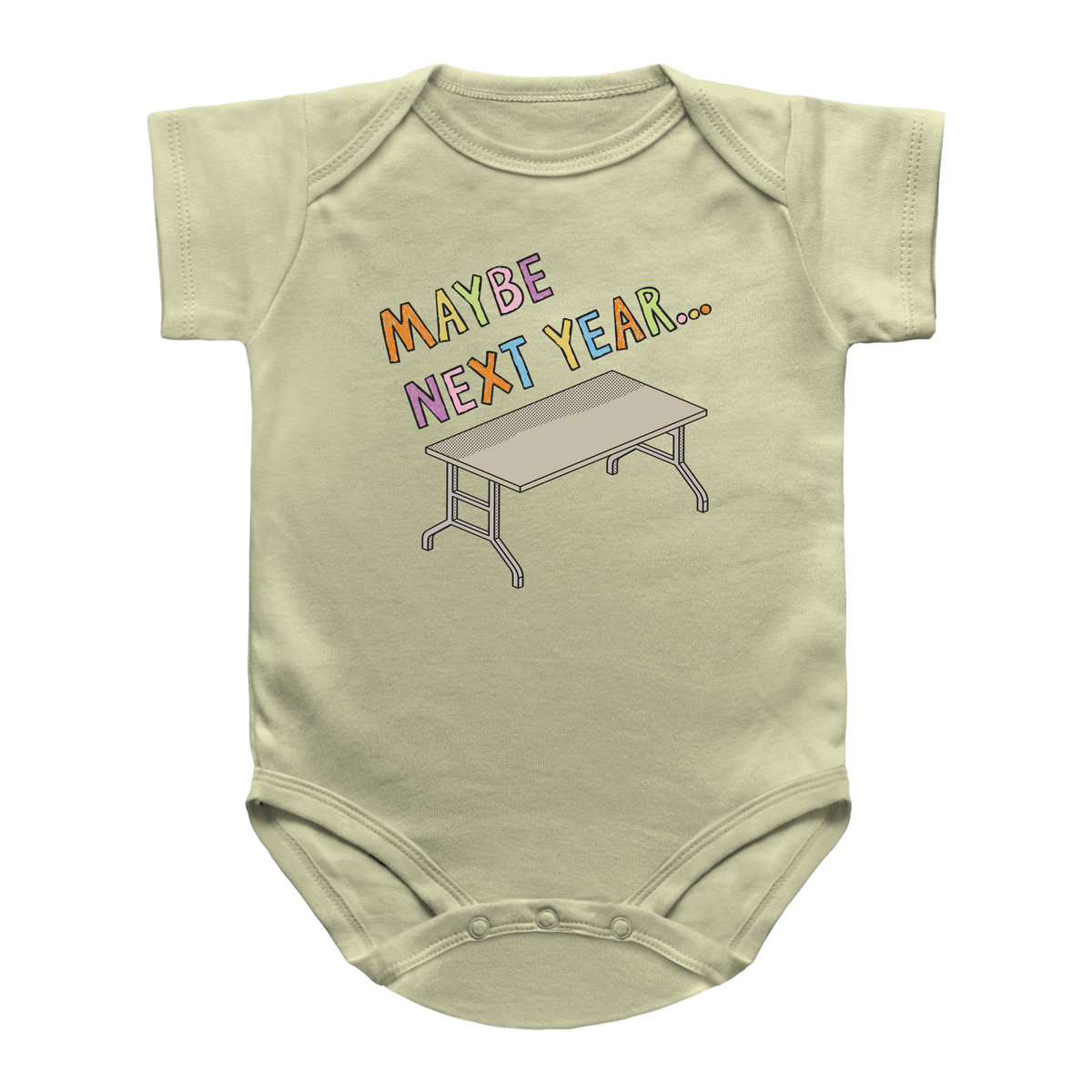 A sage short-sleeve baby onesie featuring a graphic print of a Thanksgiving folding table and the text &