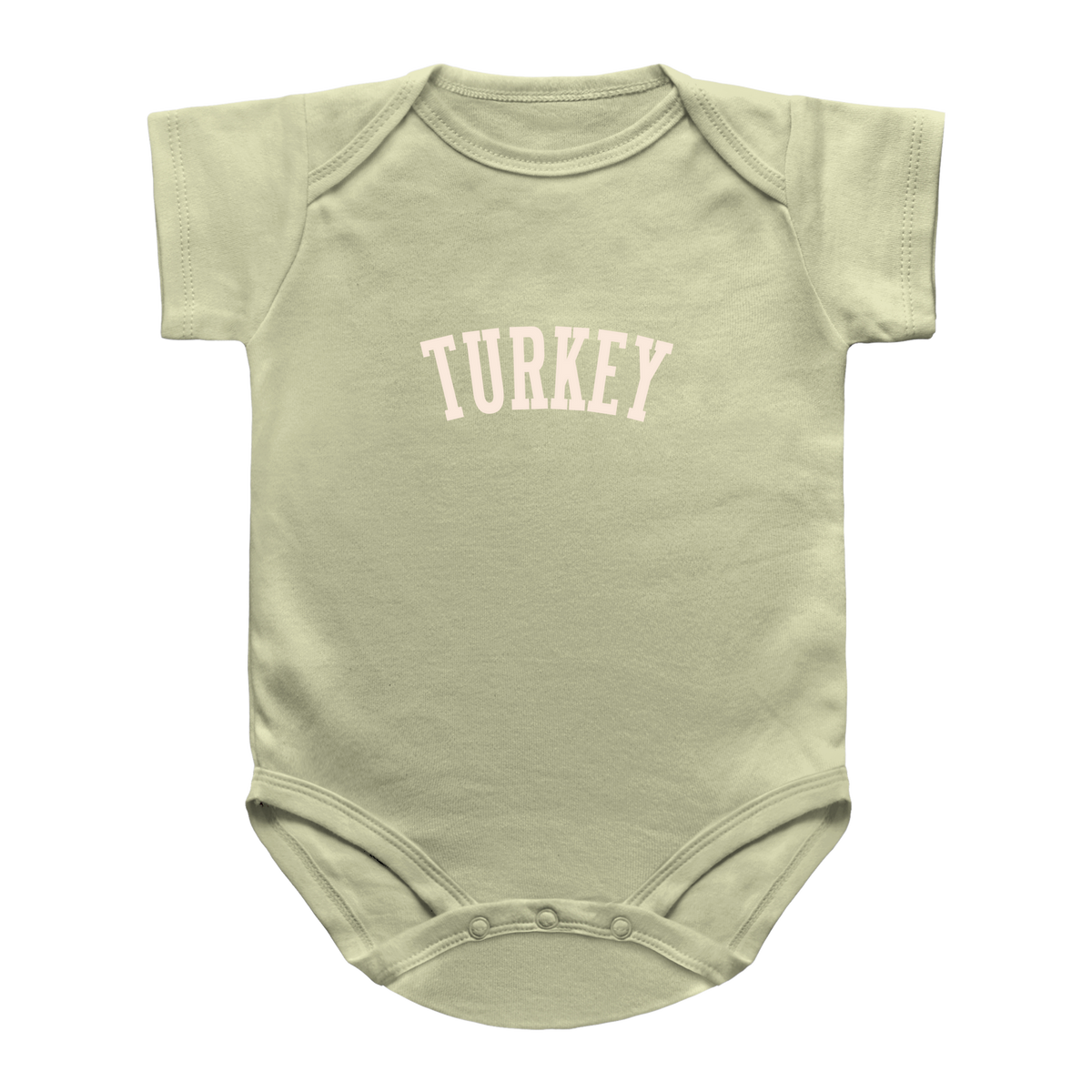 A short-sleeve infant onesie using a sage green color, featuring the word &