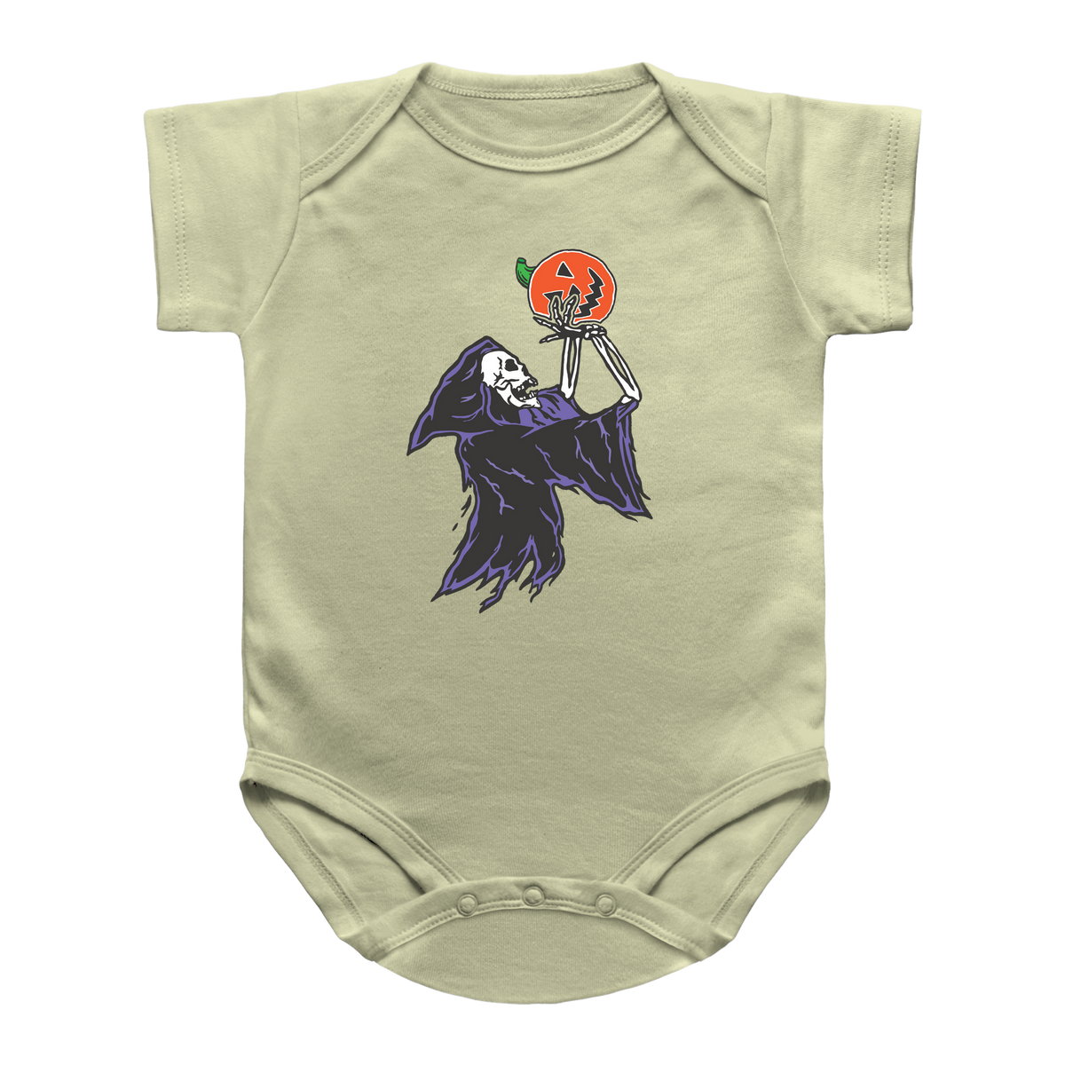 A sage infant bodysuit featuring a Halloween graphic of a skeleton grim reaper playing basketball with a jack-o&