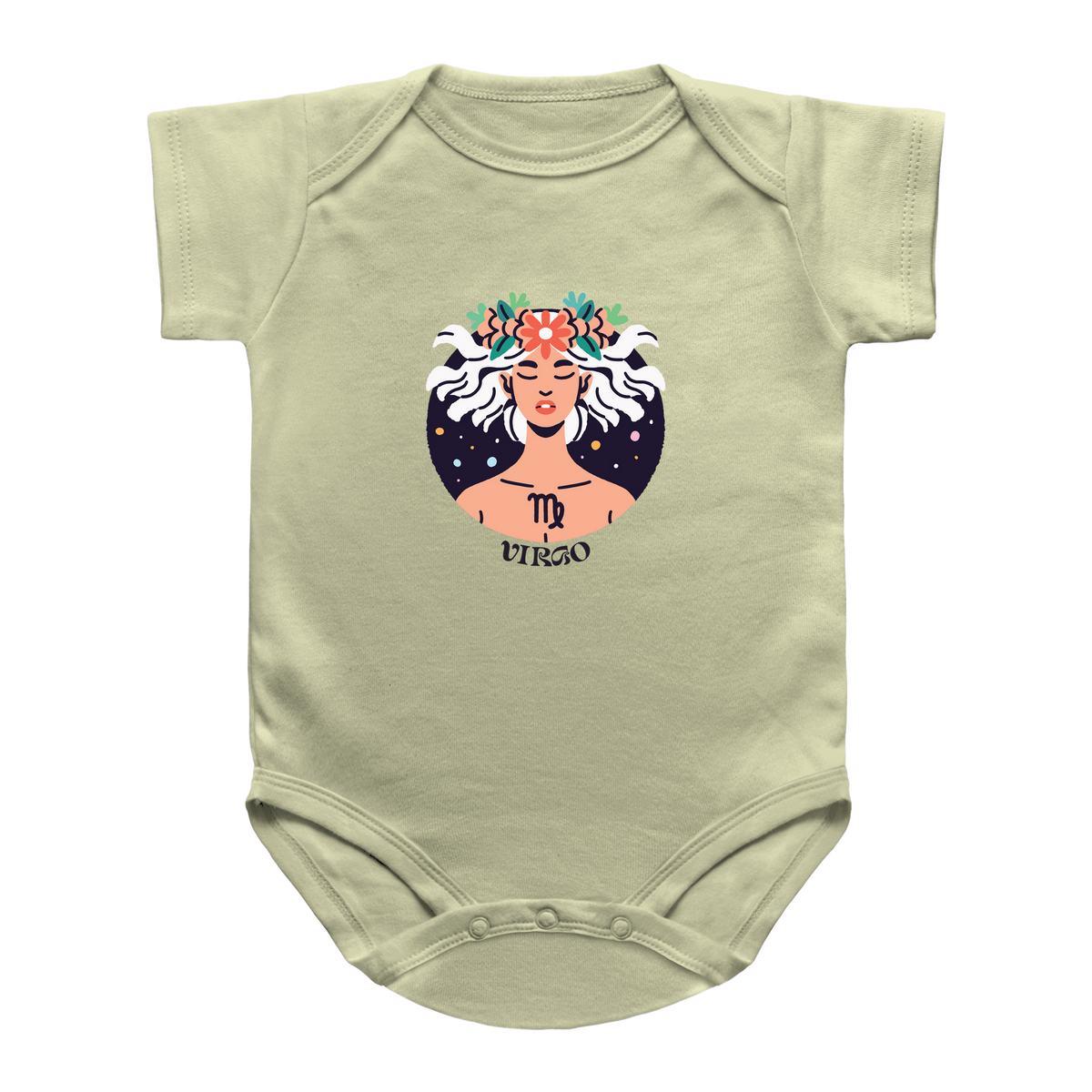 A light yellow short-sleeve infant onesie featuring a central graphic of a woman with white hair, a floral crown, and the Virgo astrological symbol.