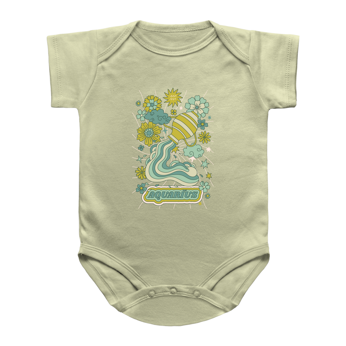 A light sage green baby bodysuit featuring a retro-style &
