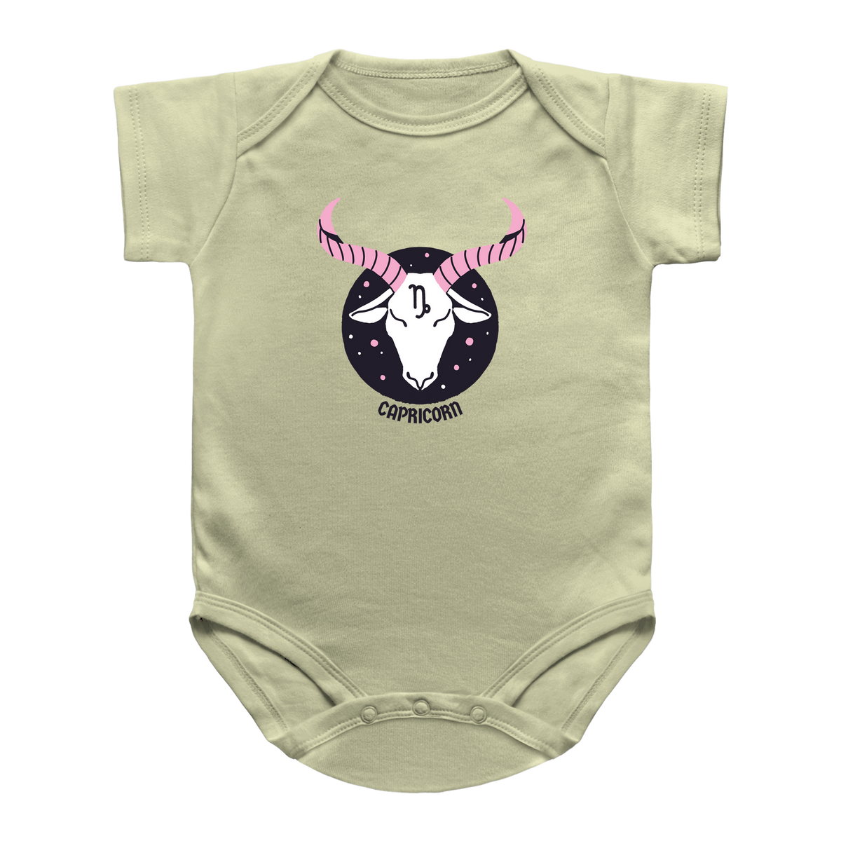 A sage baby infant onesie featuring a printed graphic of a Capricorn zodiac sign. The graphic shows a white goat head with pink striped horns inside a black circle with stars, and the word &