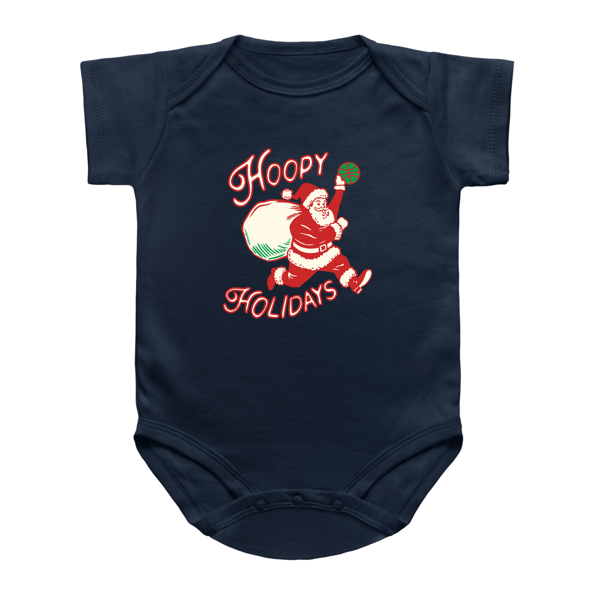 A navy blue short-sleeve baby bodysuit featuring a vintage-style graphic of Santa Claus dunking a basketball with the text &