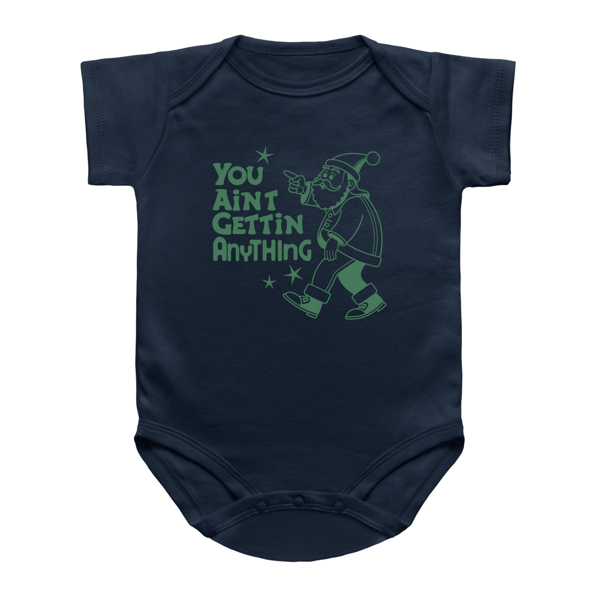 A navy blue Christmas baby onesie with a graphic print of a pointing Santa and the text &