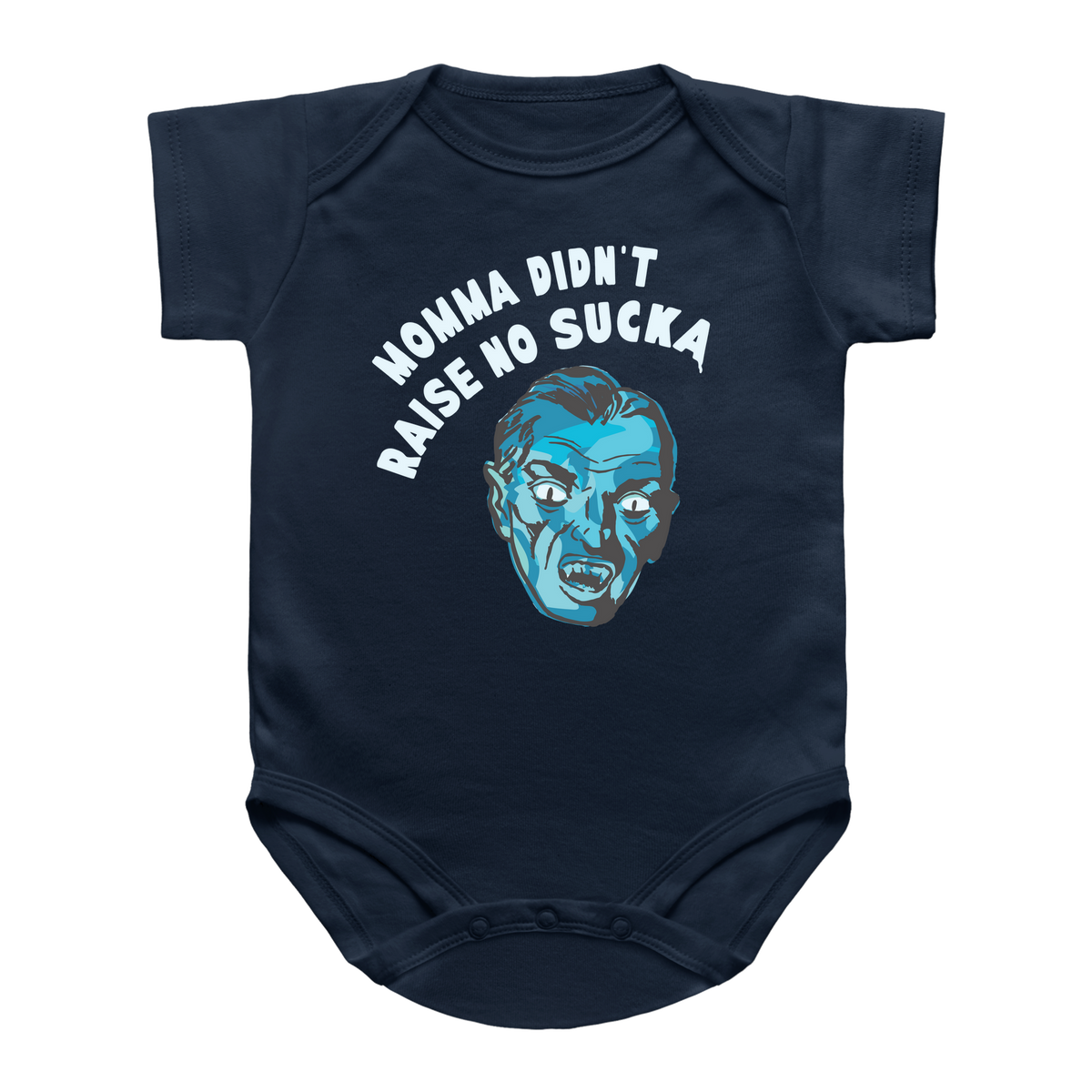 A dark blue short-sleeve baby onesie featuring a graphic of a Halloween vampire that reads &