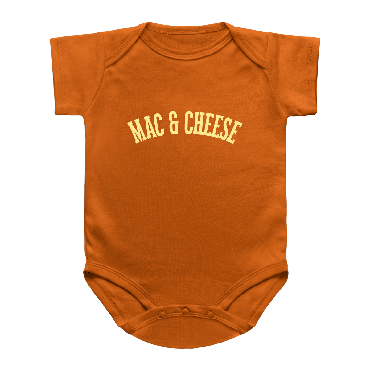 An orange short-sleeve baby bodysuit with &