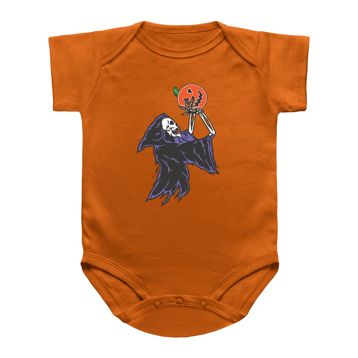 An orange baby bodysuit featuring a Halloween graphic of a skeleton grim reaper playing basketball with a jack-o&