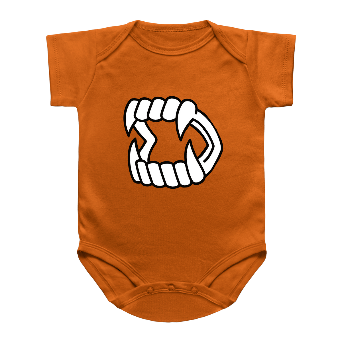 An orange short-sleeve baby bodysuit featuring a white Halloween vampire fang kid toy printed on the chest.