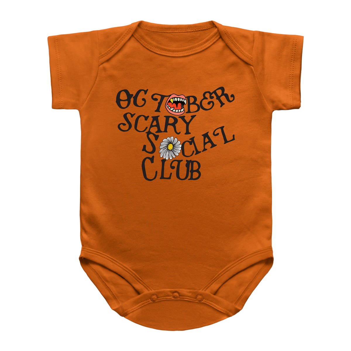 An orange short-sleeve baby bodysuit with a graphic print reading &