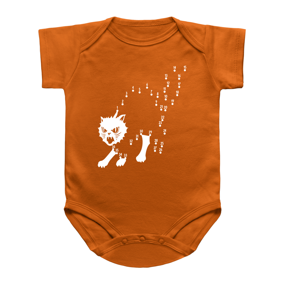 An orange blue Halloween short-sleeve infant onesie featuring a connect-the-dots graphic of a cat&