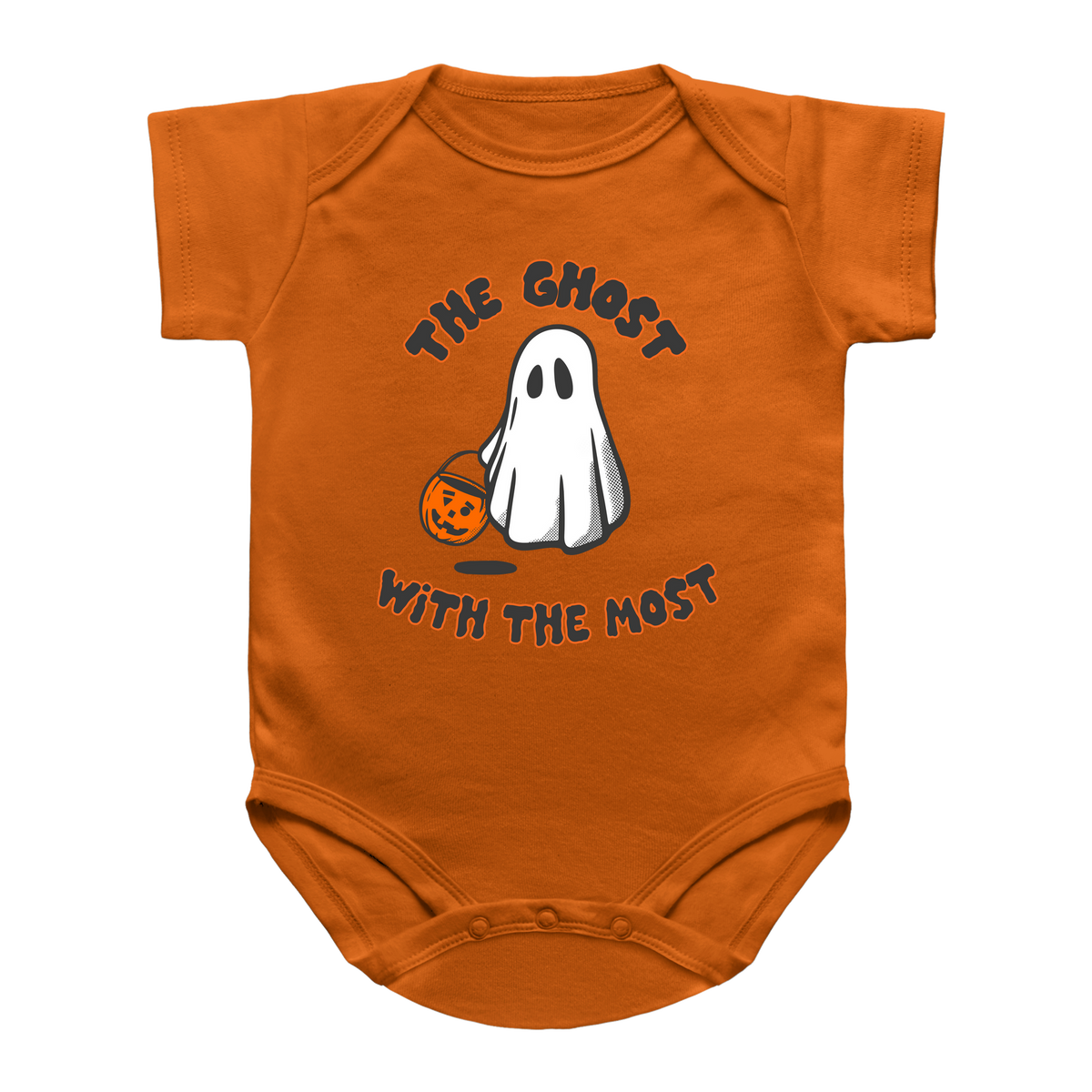 An orange infant bodysuit featuring a Halloween graphic of a white ghost holding an orange pumpkin, with the text &