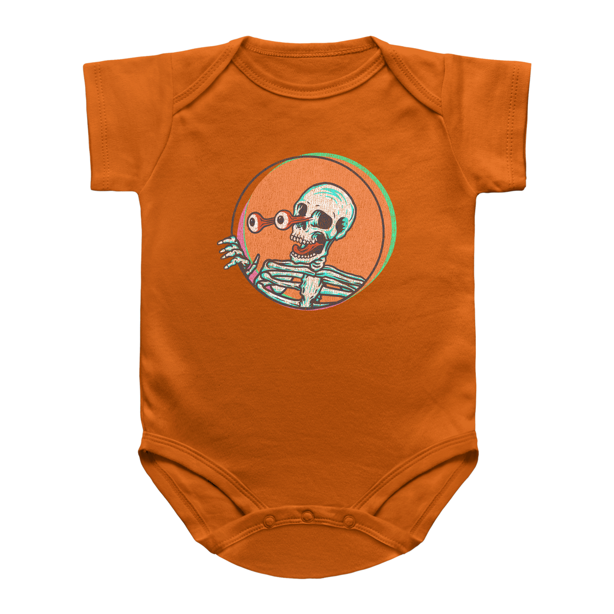 An orange short-sleeve baby bodysuit featuring a Halloween skeleton graphic.
