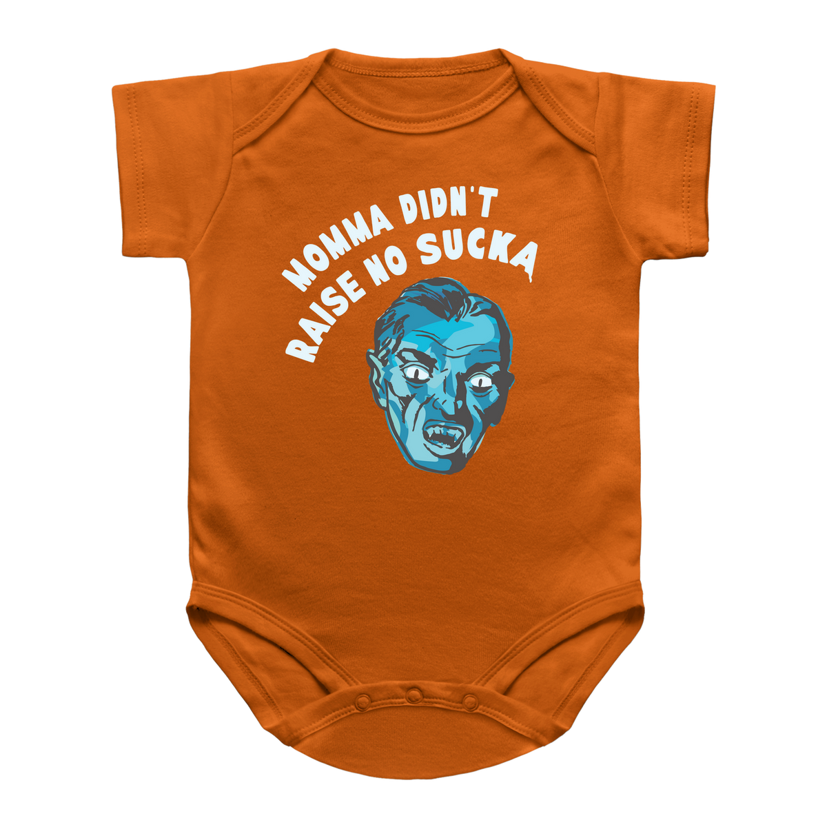 An orange Halloween short-sleeve baby bodysuit featuring a graphic of a vampire that reads &