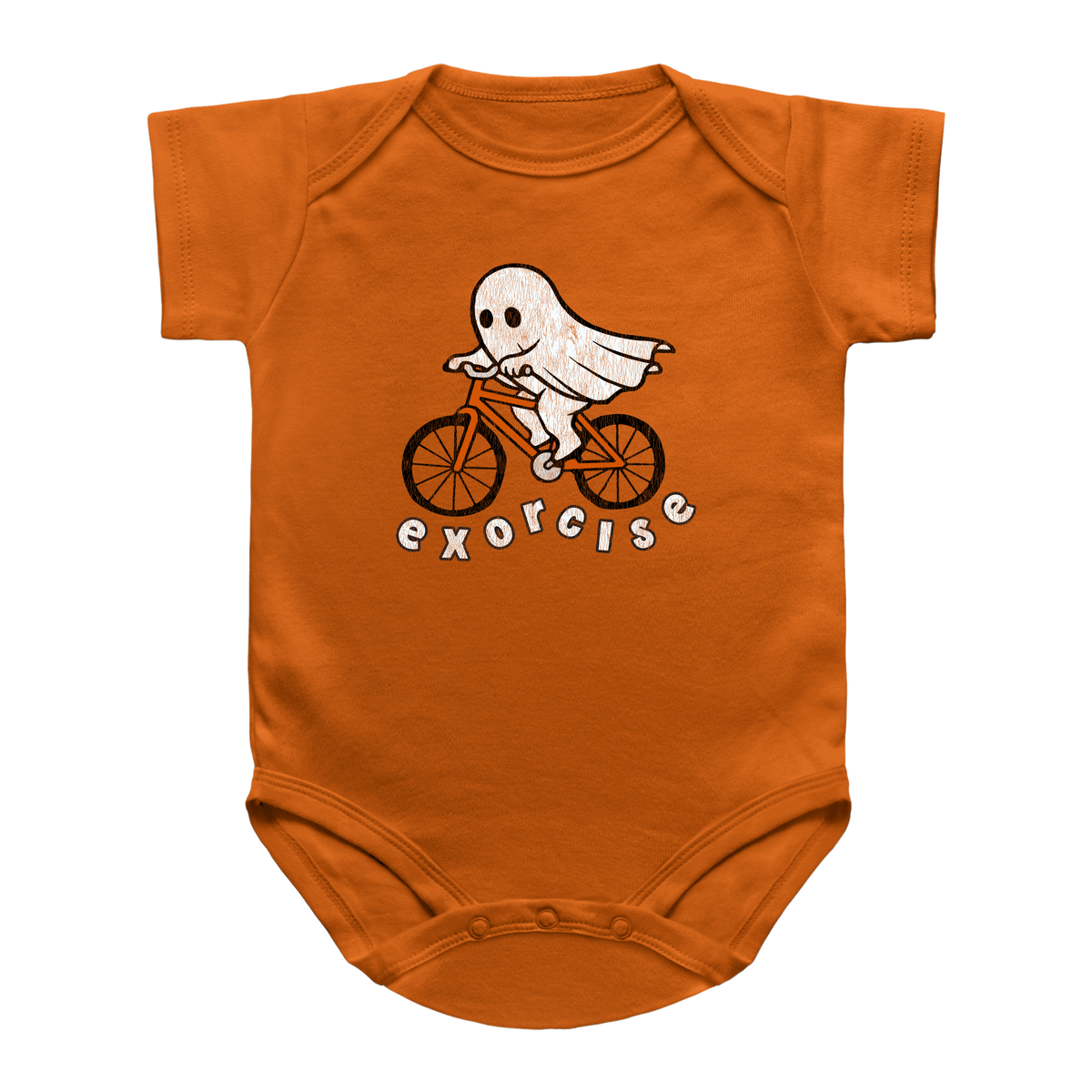 An orange short-sleeve baby bodysuit featuring a cartoon ghost riding a bicycle with the word &