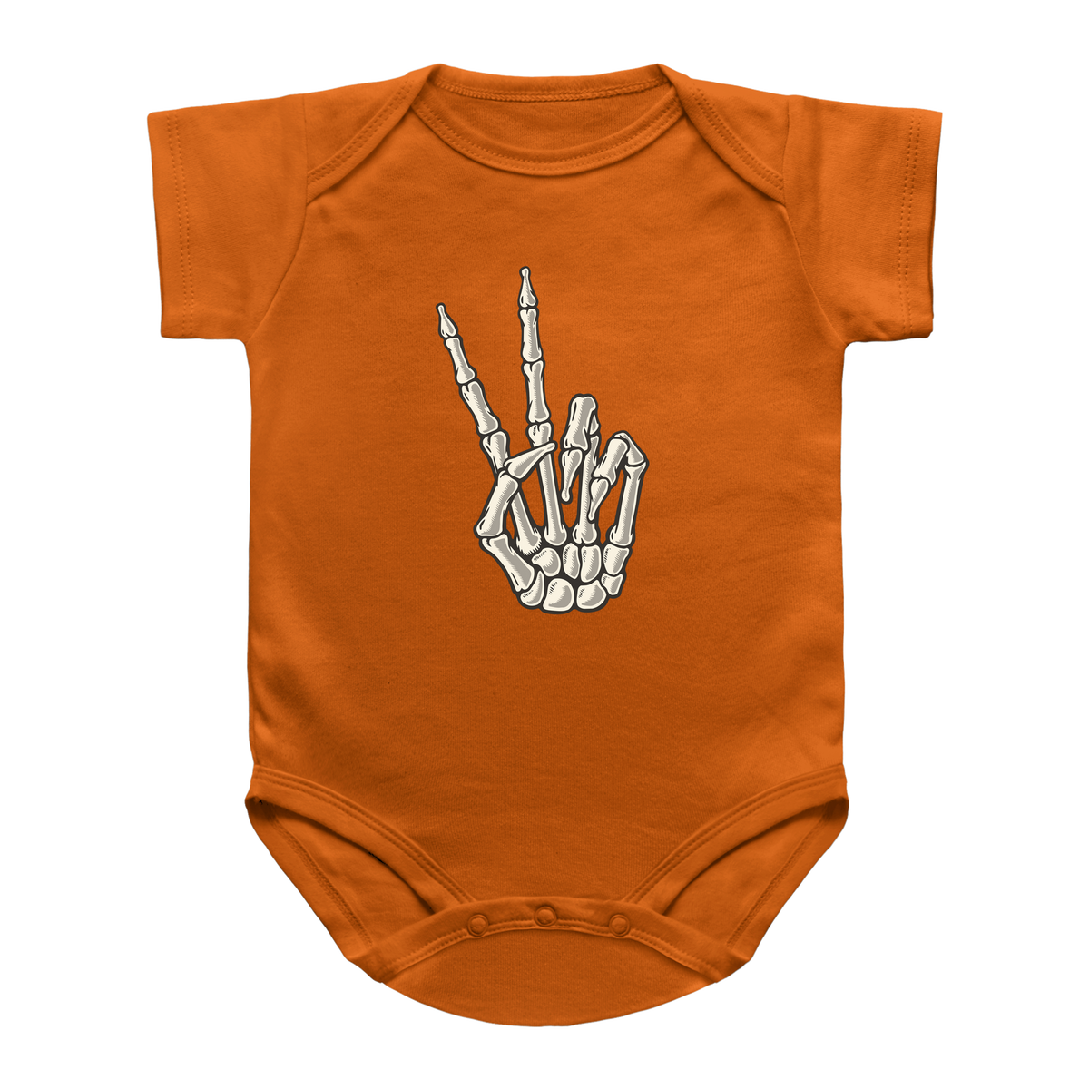 An orange short-sleeve infant onesie featuring a skeleton hand graphic making a peace sign on the chest.
