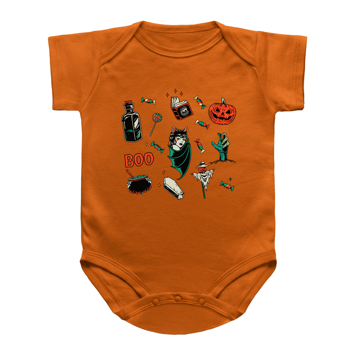 An orange short-sleeve baby bodysuit with various Halloween-themed graphics of a jack-o&
