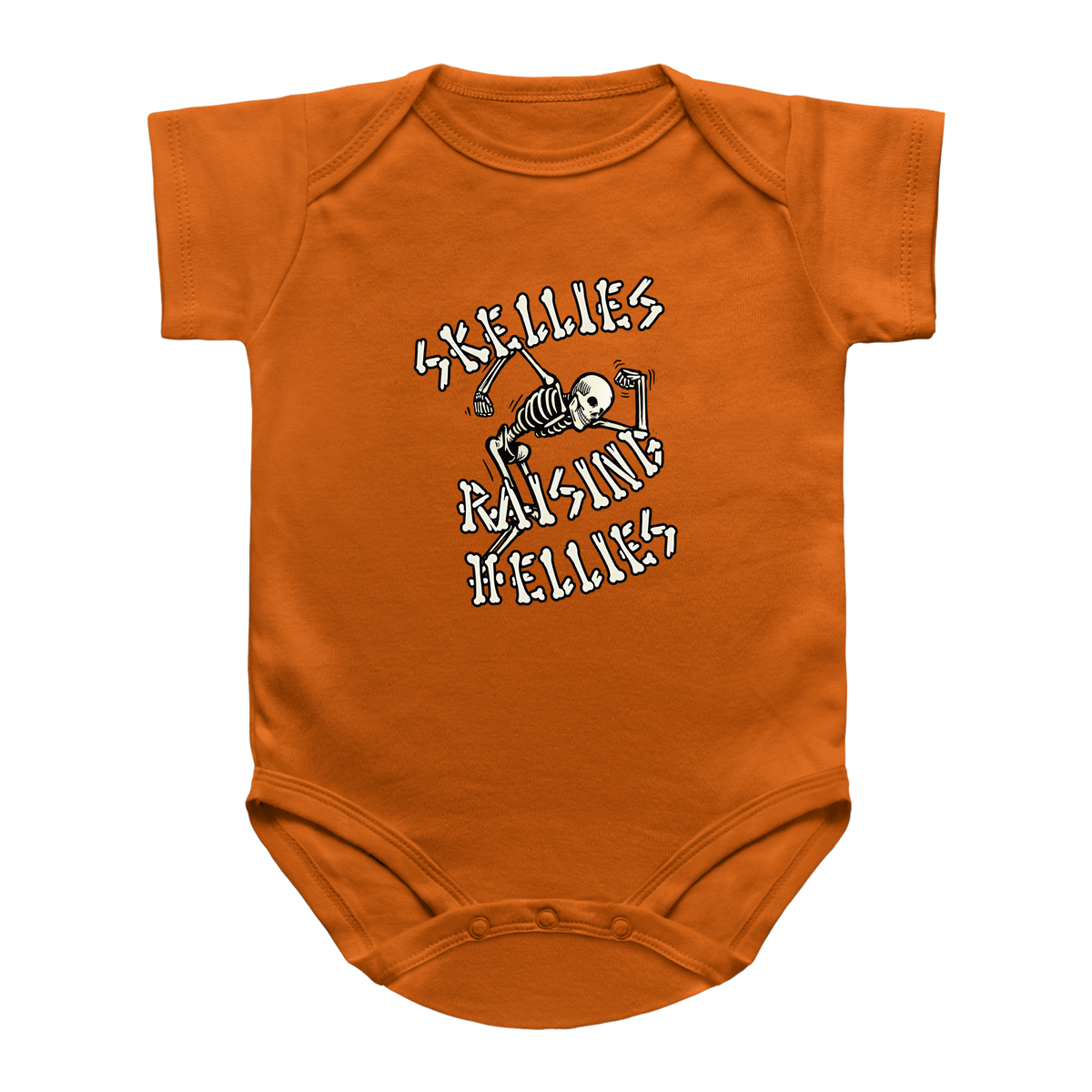 An orange short-sleeve baby bodysuit with a graphic print on the chest featuring a skeleton and the text &