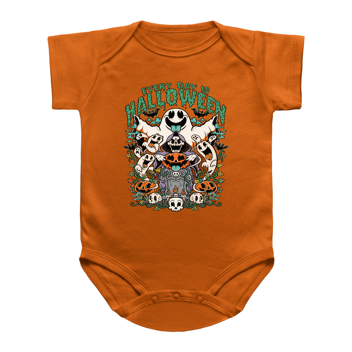 An orange short-sleeve infant onesie featuring a colorful Halloween graphic on the chest with the text &