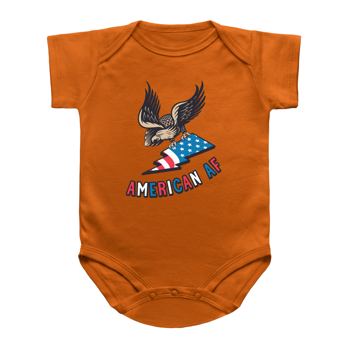 A orange short-sleeve baby onesie for 4th of July featuring a graphic of an eagle holding an American flag with the text &