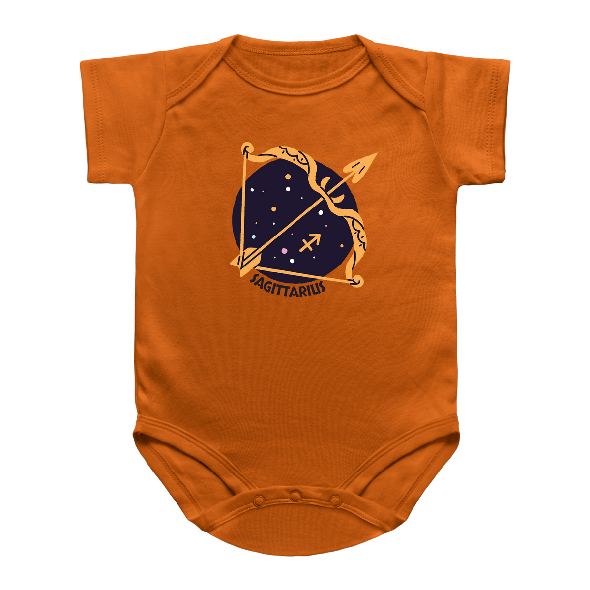 An orange short-sleeve baby bodysuit featuring a Sagittarius zodiac graphic on the chest, displayed against a solid white background.