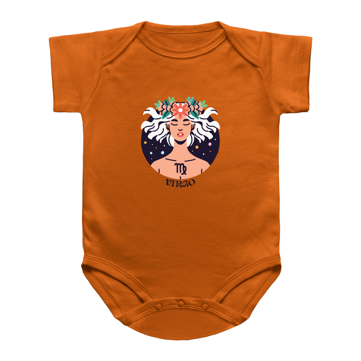 An orange short-sleeve infant onesie featuring a central graphic of a woman with white hair, a floral crown, and the Virgo zodiac symbol and name printed below.