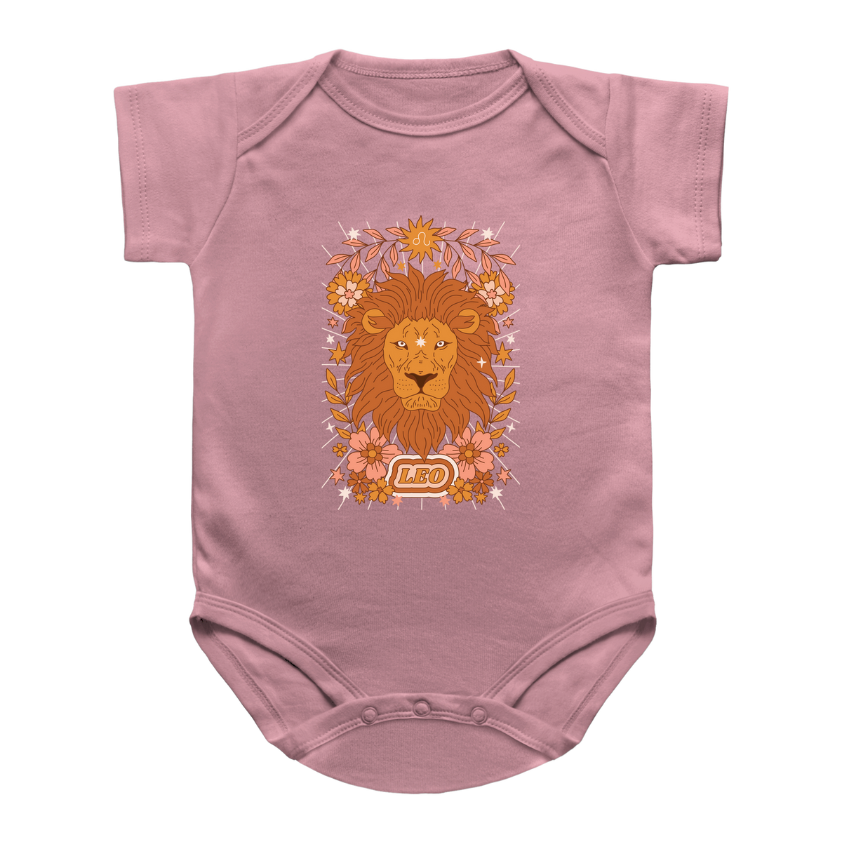 A dusty pink infant onesie featuring a central graphic of a lion surrounded by flowers and the word &