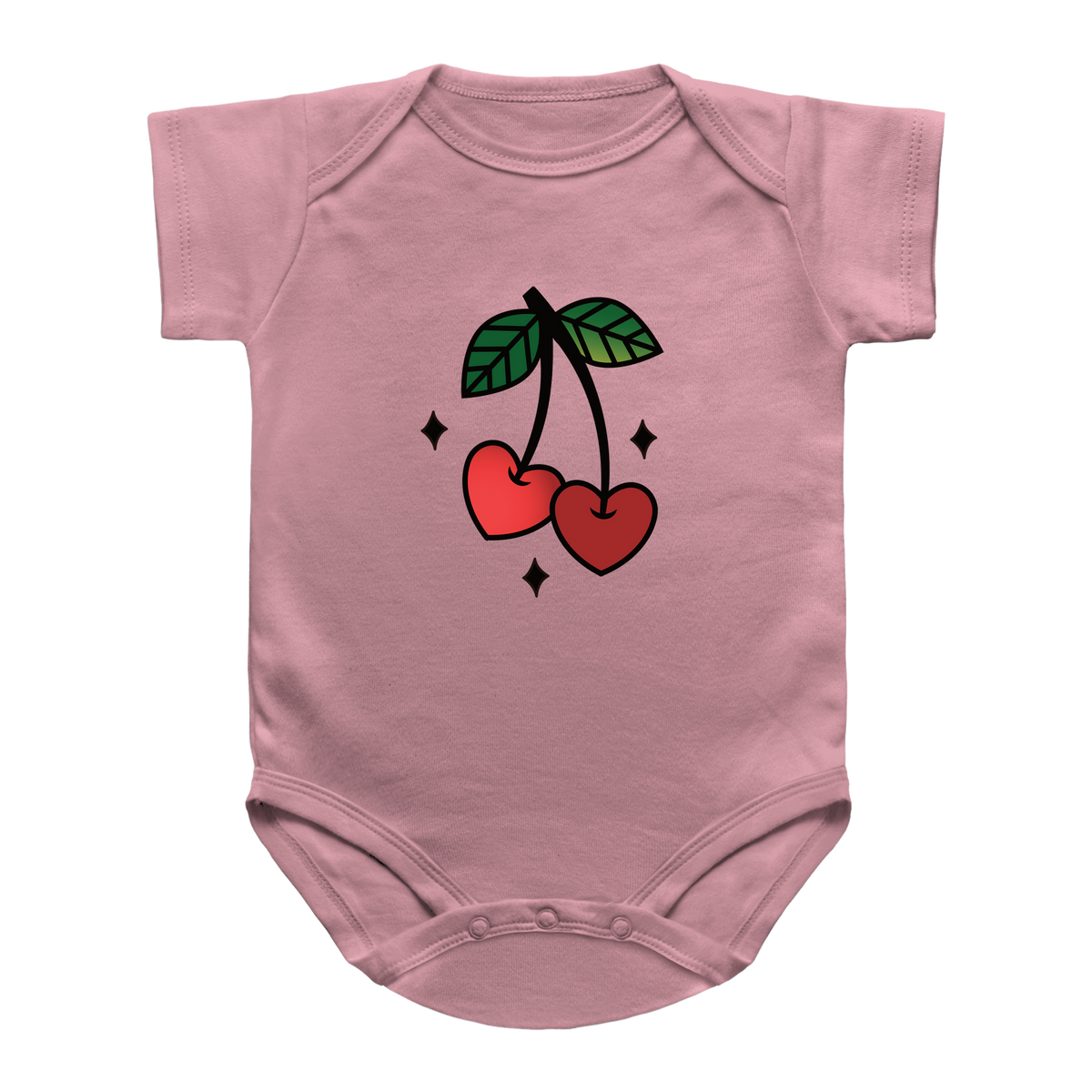 A pink short-sleeve infant onesie featuring a Valentine&
