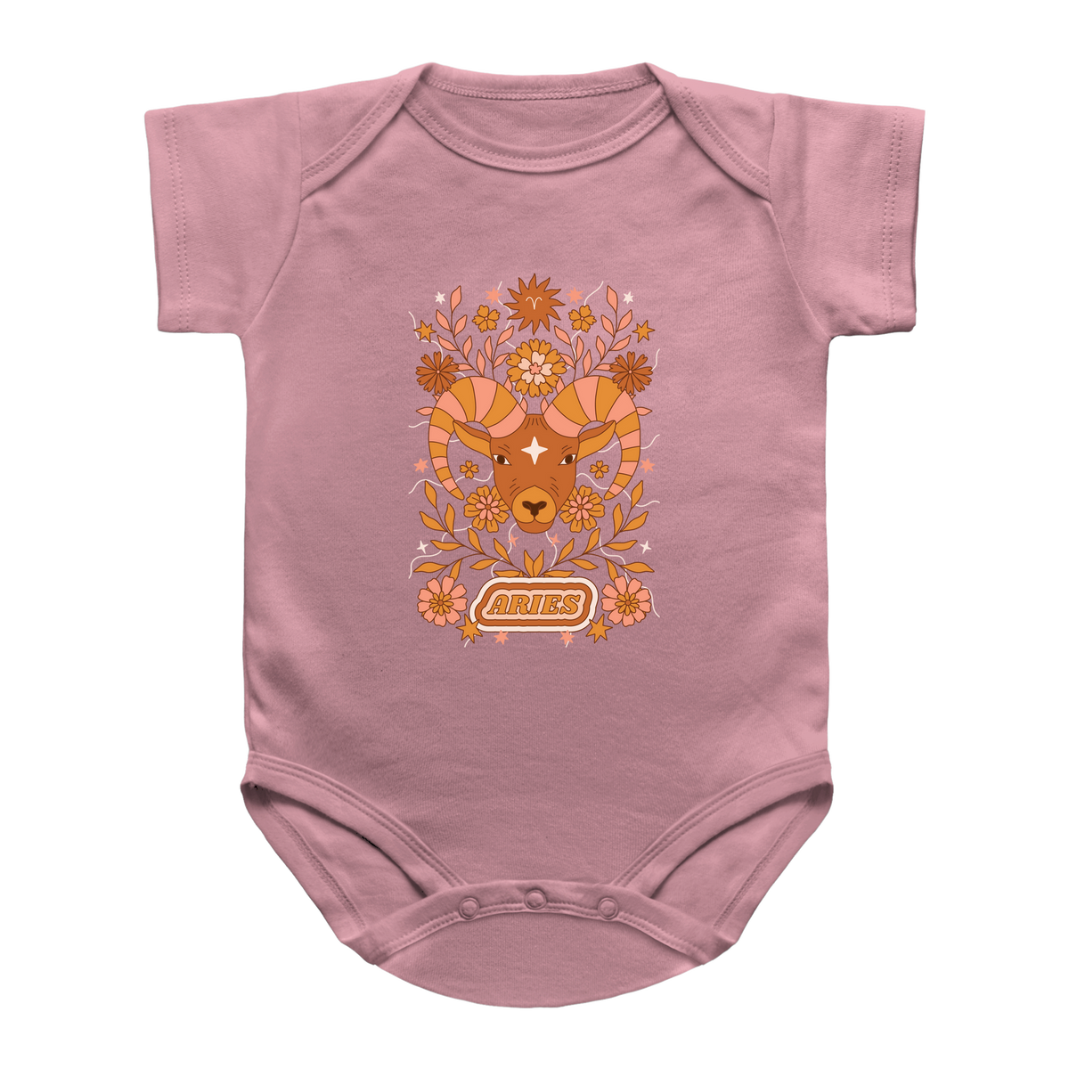 A pink baby infant bodysuit featuring a retro-style orange and brown ram graphic with floral elements and the word Aries.