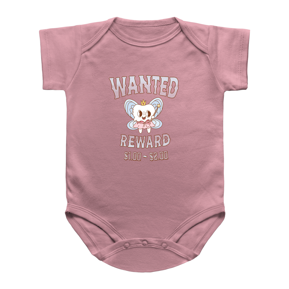 A pink short-sleeve infant bodysuit featuring a tooth fairy graphic with the text &