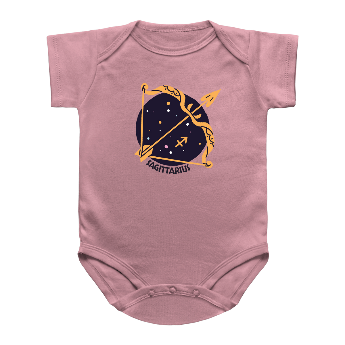 A pink infant onesie featuring a Sagittarius zodiac graphic on the chest with stars behind it.