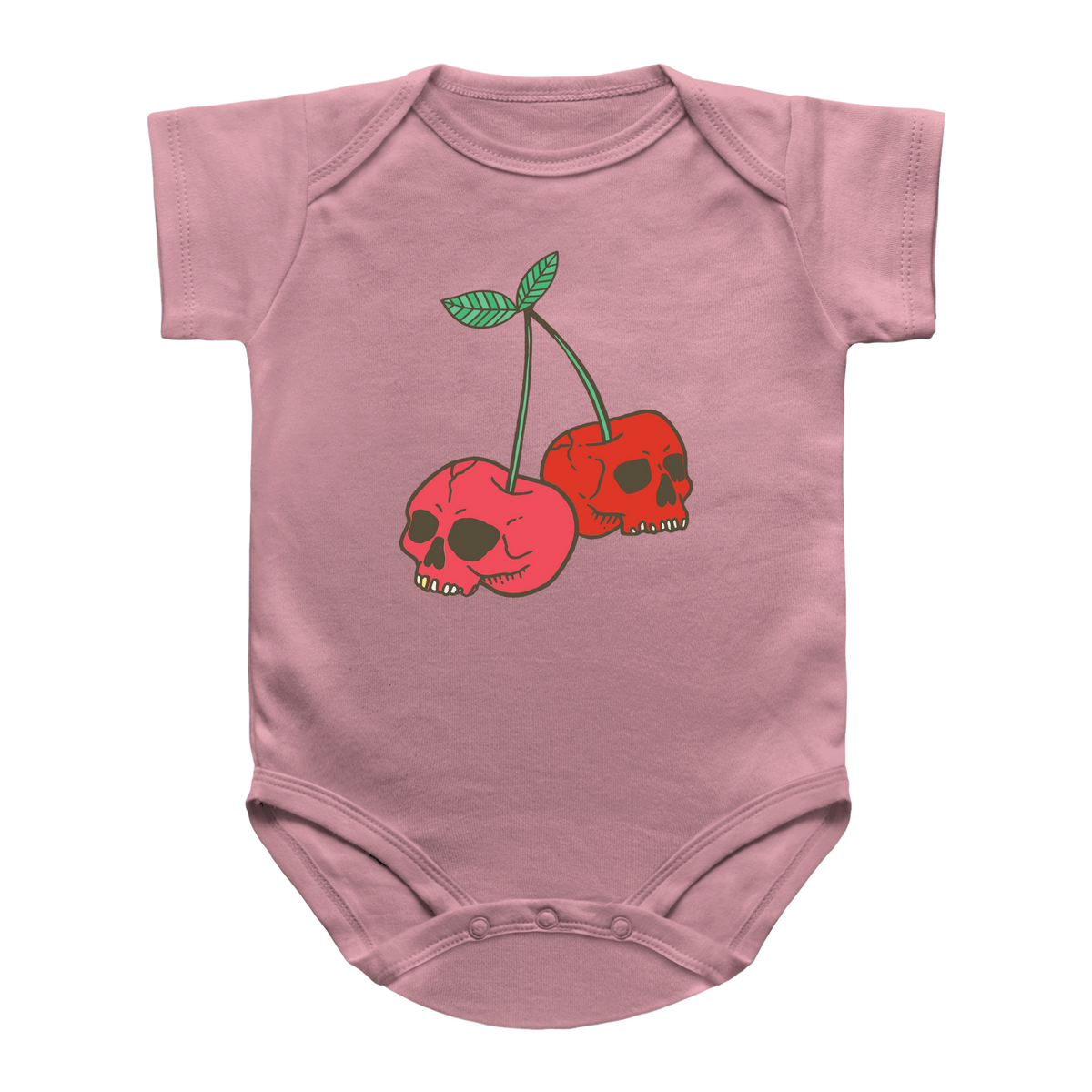 A pink short-sleeve Halloween infant onesie featuring two cherries shaped like skulls for Halloween.