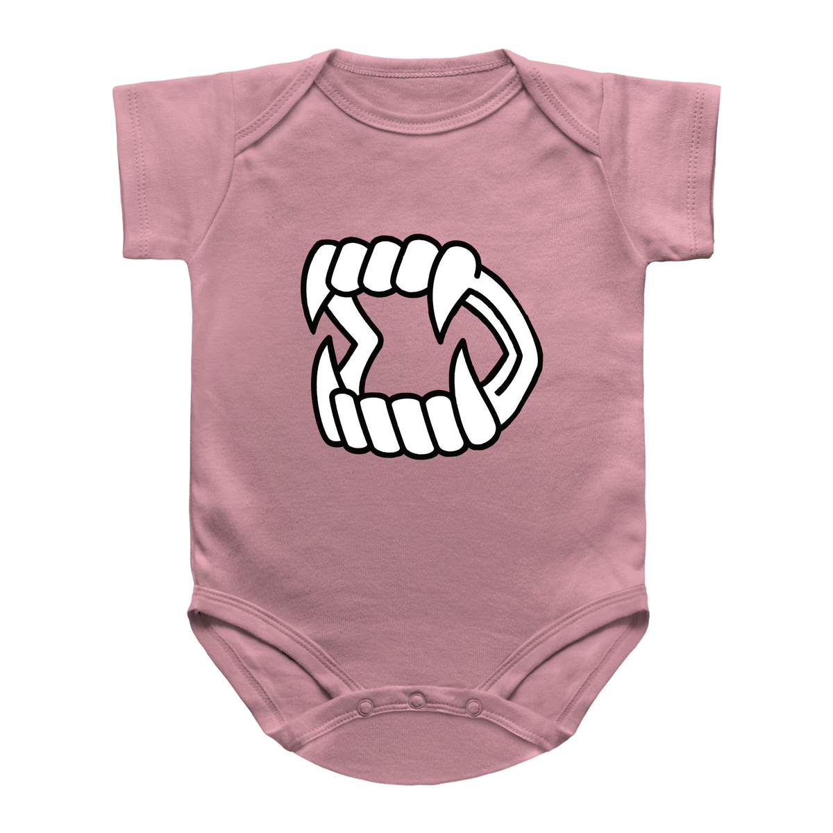 A pink short-sleeve infant bodysuit featuring a white Halloween vampire fang kid toy printed on the chest.