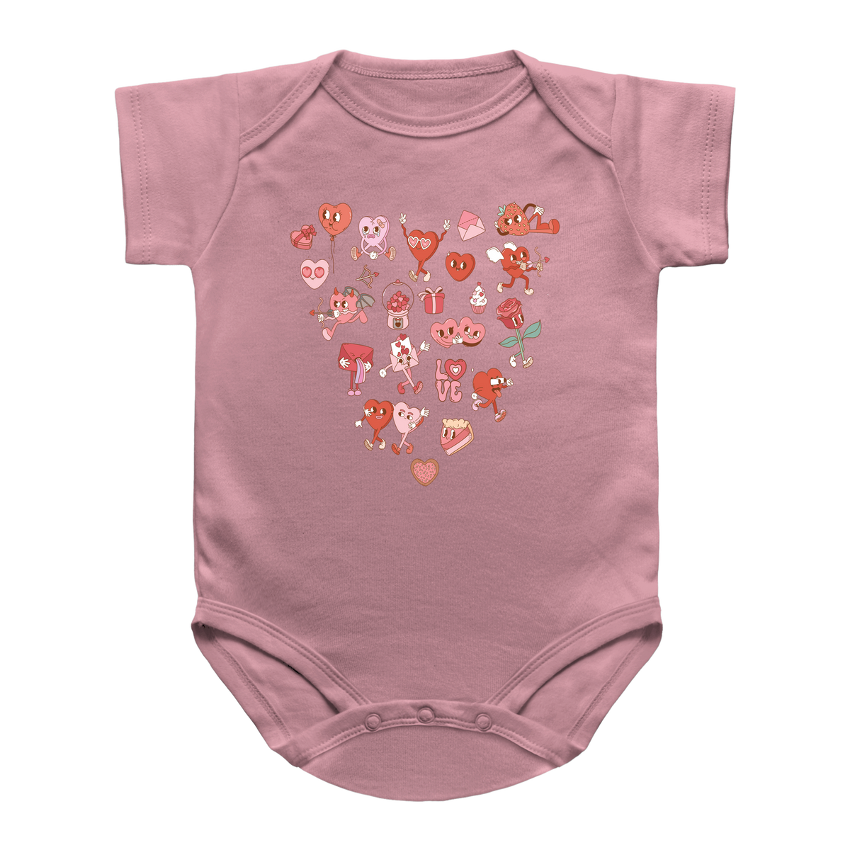 A dusty pink short-sleeve baby bodysuit featuring a heart-shaped graphic made of cute cartoon Valentine-themed illustrations, including hearts, roses, and a gift box, displayed on a solid white background.