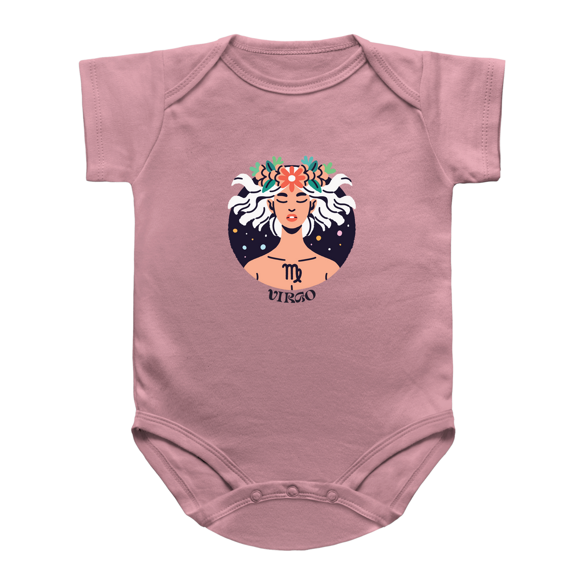 A pink short-sleeve infant onesie featuring a central graphic of a woman with white hair, a floral crown, and the Virgo zodiac symbol and name printed below.