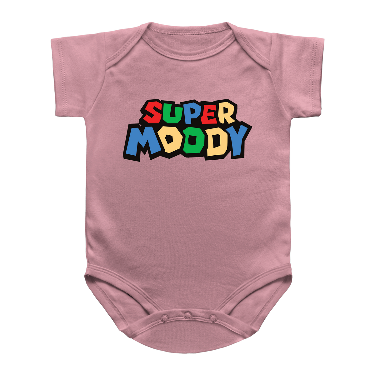 A pink infant onesie featuring a colorful mario retro graphic on the chest that reads &