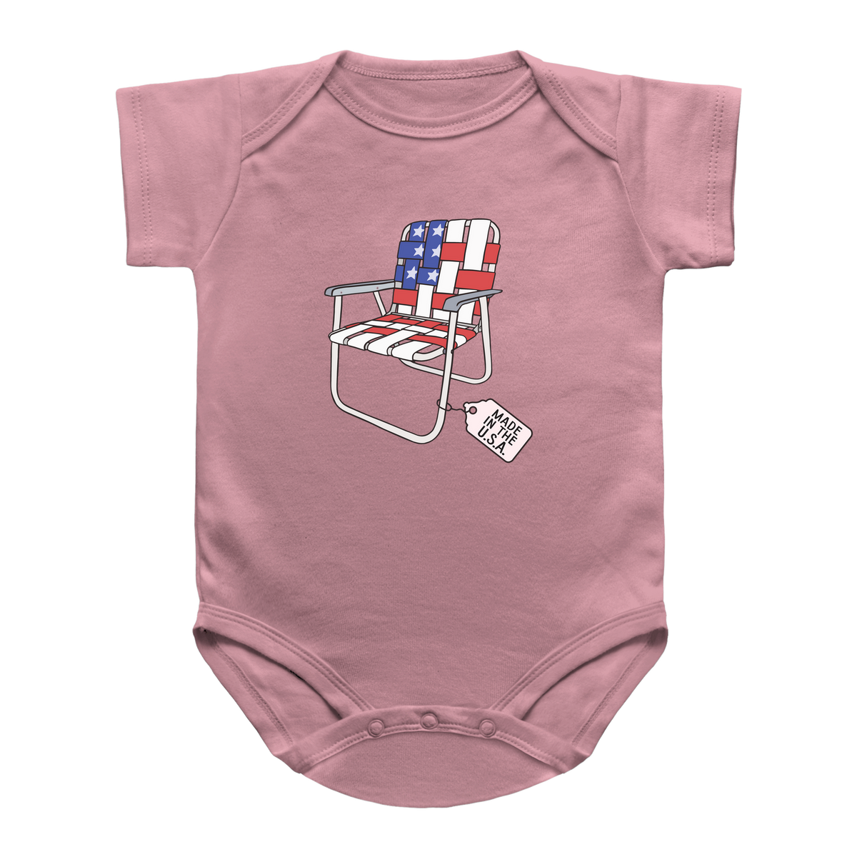 A pink infant onesie featuring a graphic of a retro lawn chair with an American flag pattern and a tag that reads &