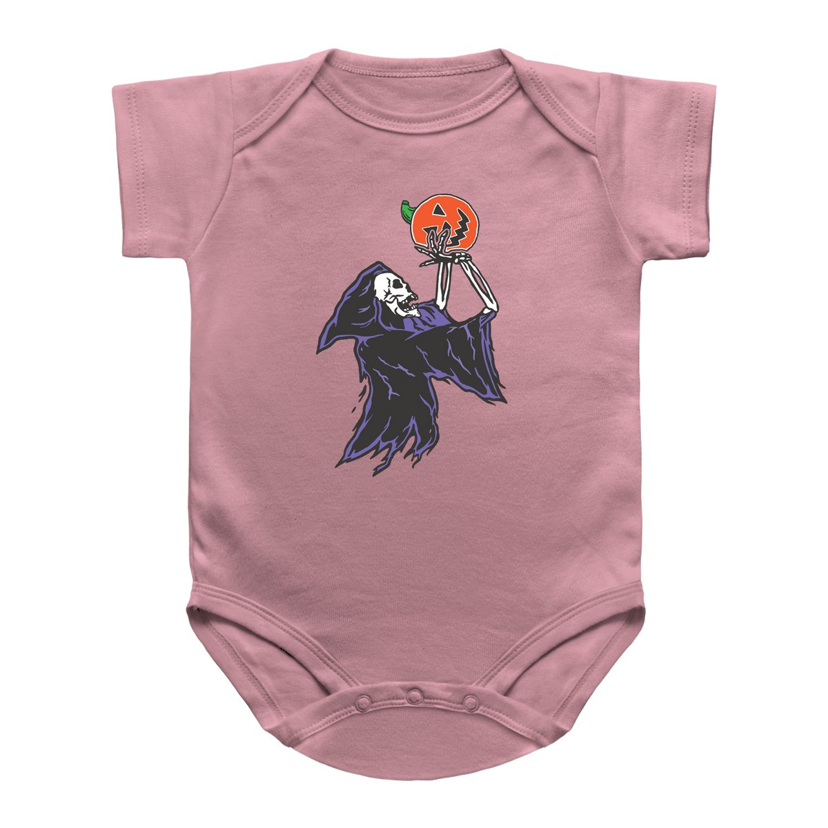 A pink baby onesie featuring a Halloween graphic of a skeleton grim reaper playing basketball with a jack-o&