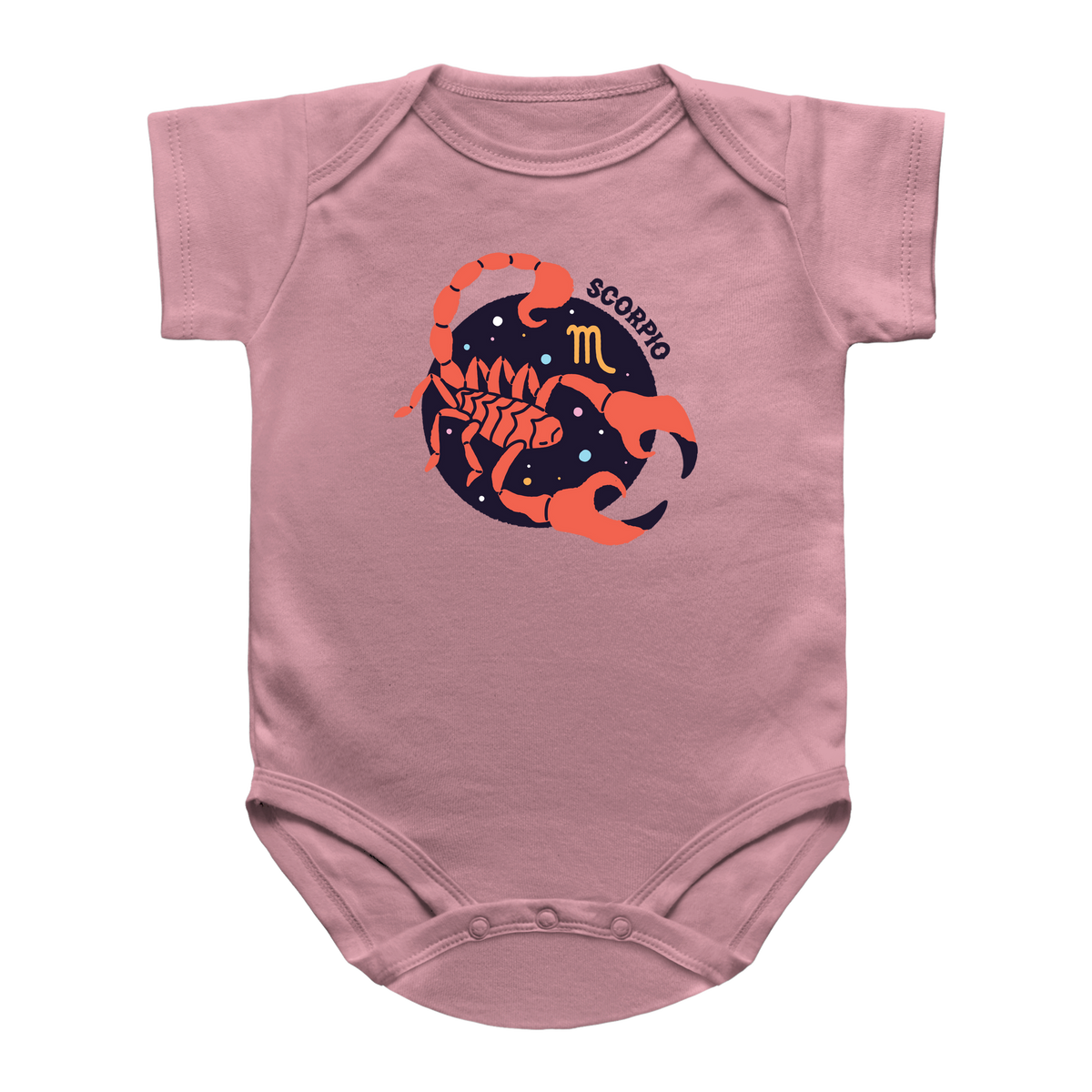 A pink short-sleeve infant onesie featuring a graphic of a Scorpio zodiac sign in orange and dark blue with the word &