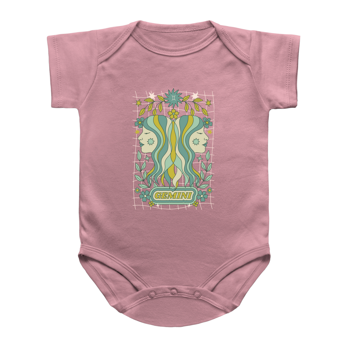 A pink infant onesie featuring a tarot style Gemini astrology graphic with green, yellow, and white, flowers.
