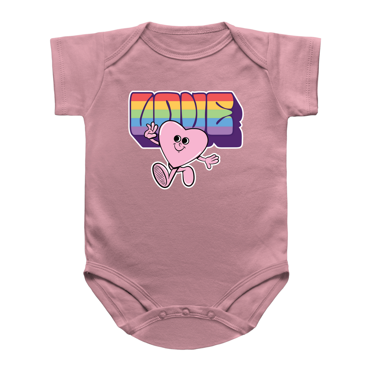 A dusty pink short-sleeve Valentine baby onesie featuring a colorful graphic on the chest. The graphic displays the word &