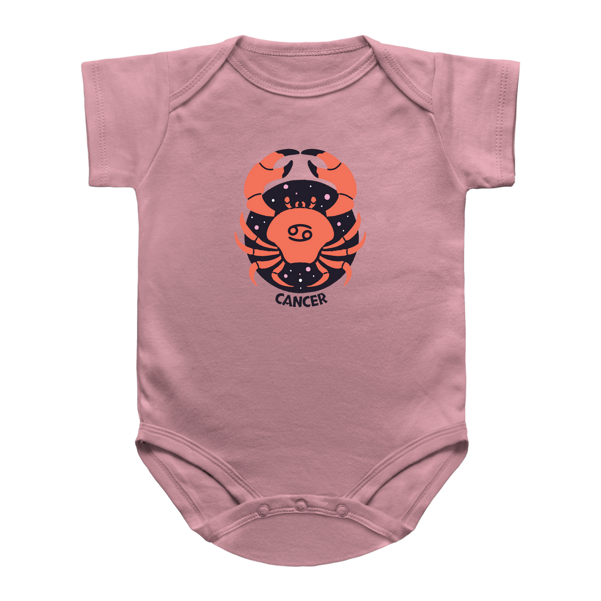 A pink baby infant bodysuit featuring a graphic of a Cancer zodiac sign in orange and black, with the word &