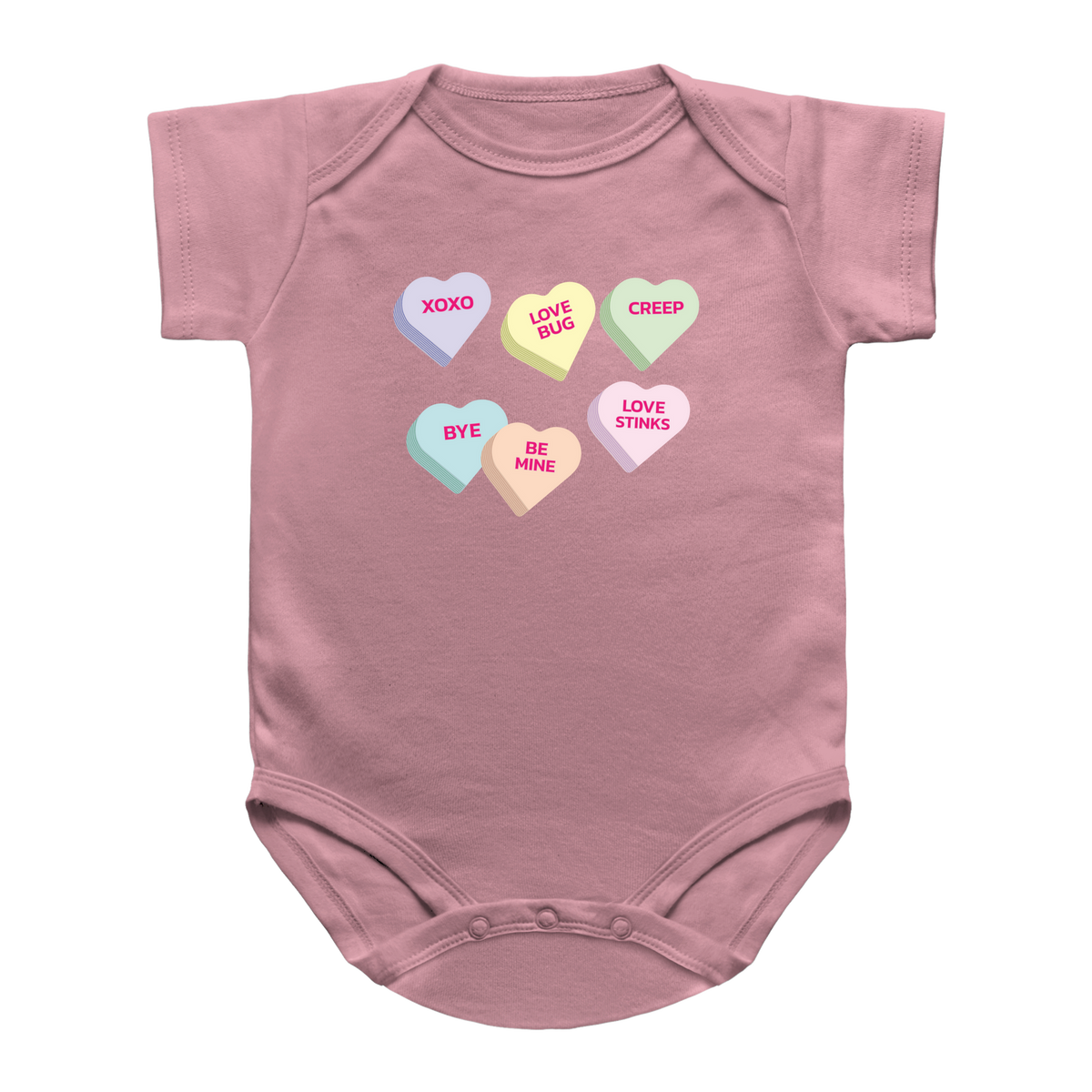 A dusty pink baby bodysuit featuring a graphic of six pastel Valentine&